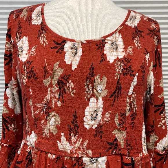 2X // Torrid Red Terracotta Floral Crinkled  Gauze Midi Babydoll Top - Picture 5 of 13